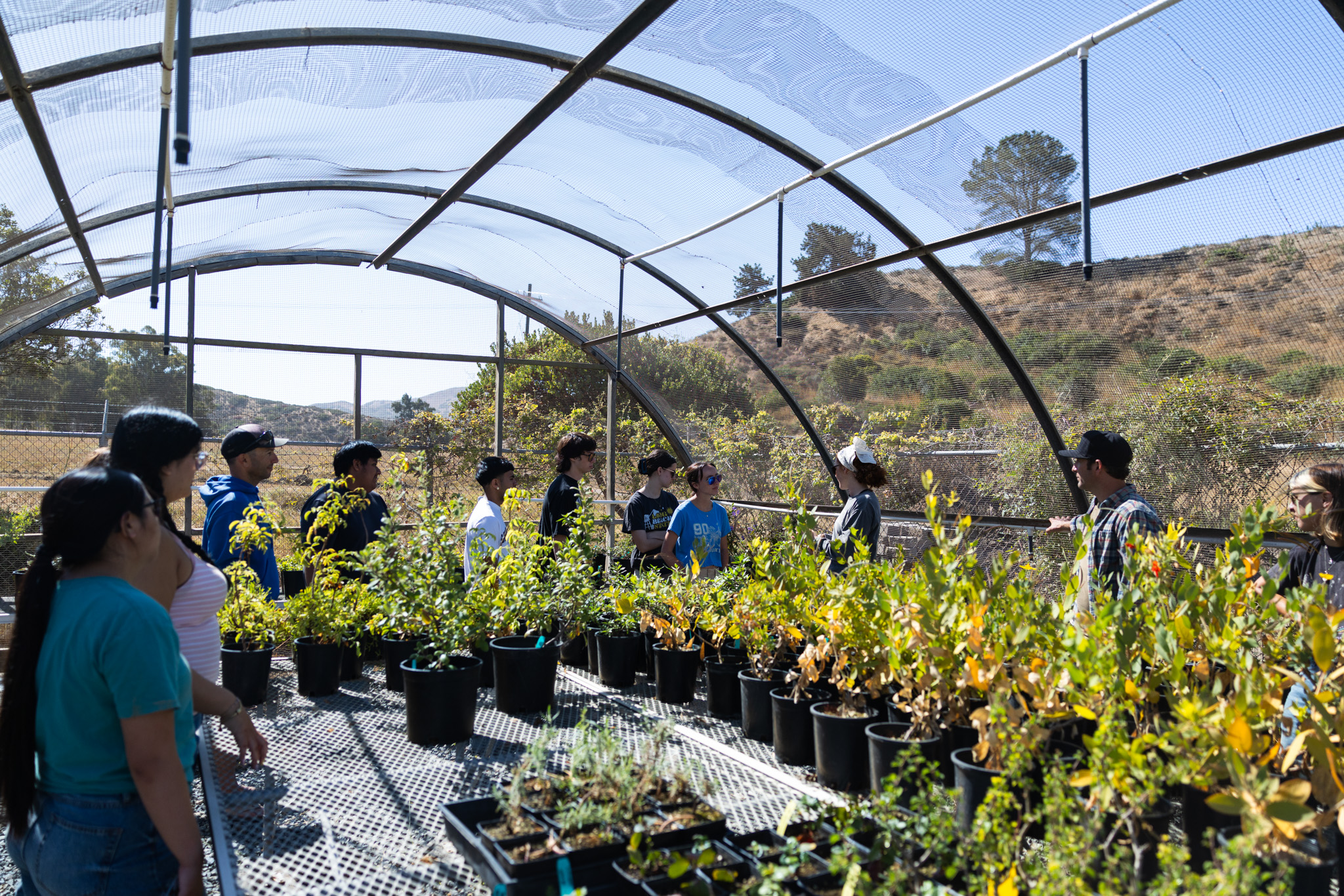 A group stands among rows of potted plants inside a greenhouse